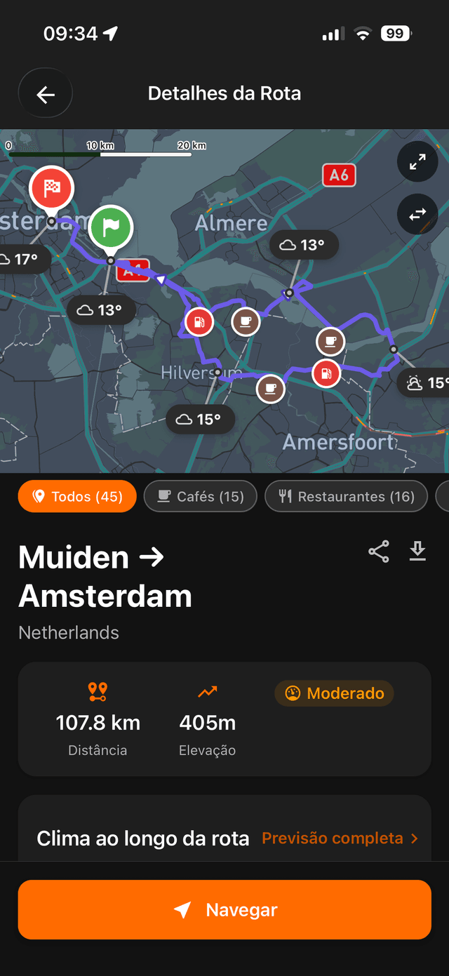 Routedetails met weer en stops