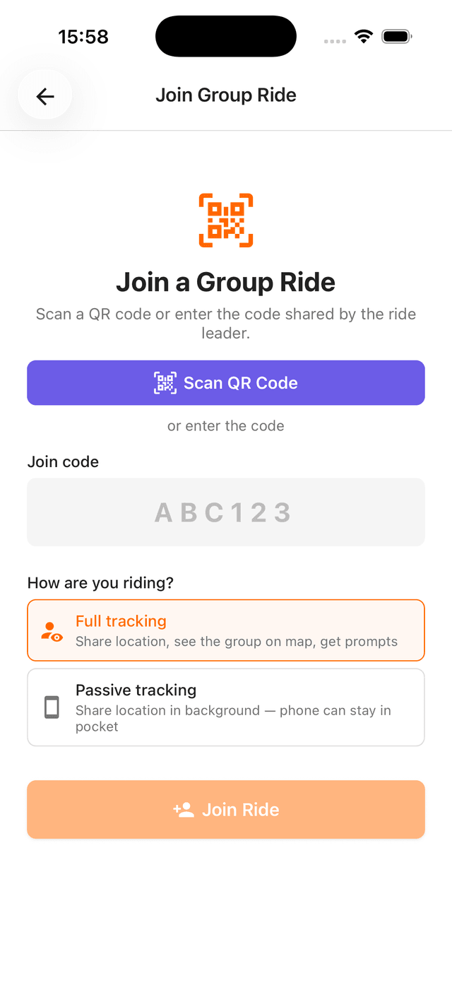Cornr join group ride with QR code