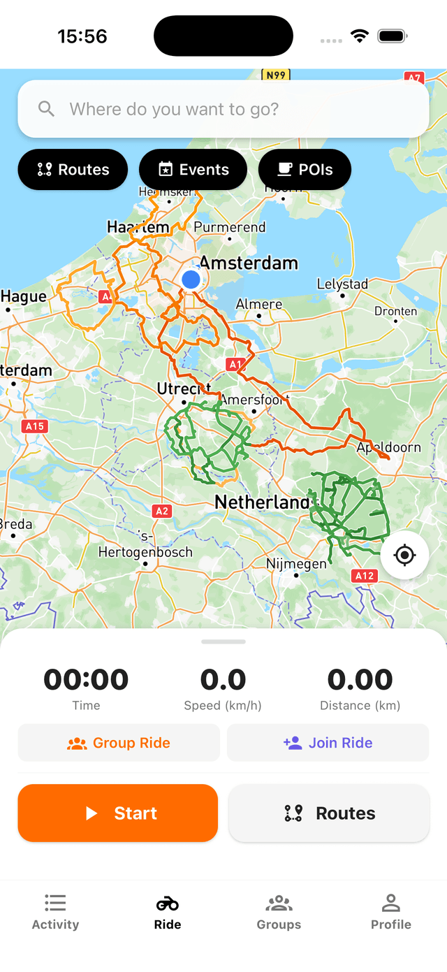 Cornr ride screen with routes and group ride