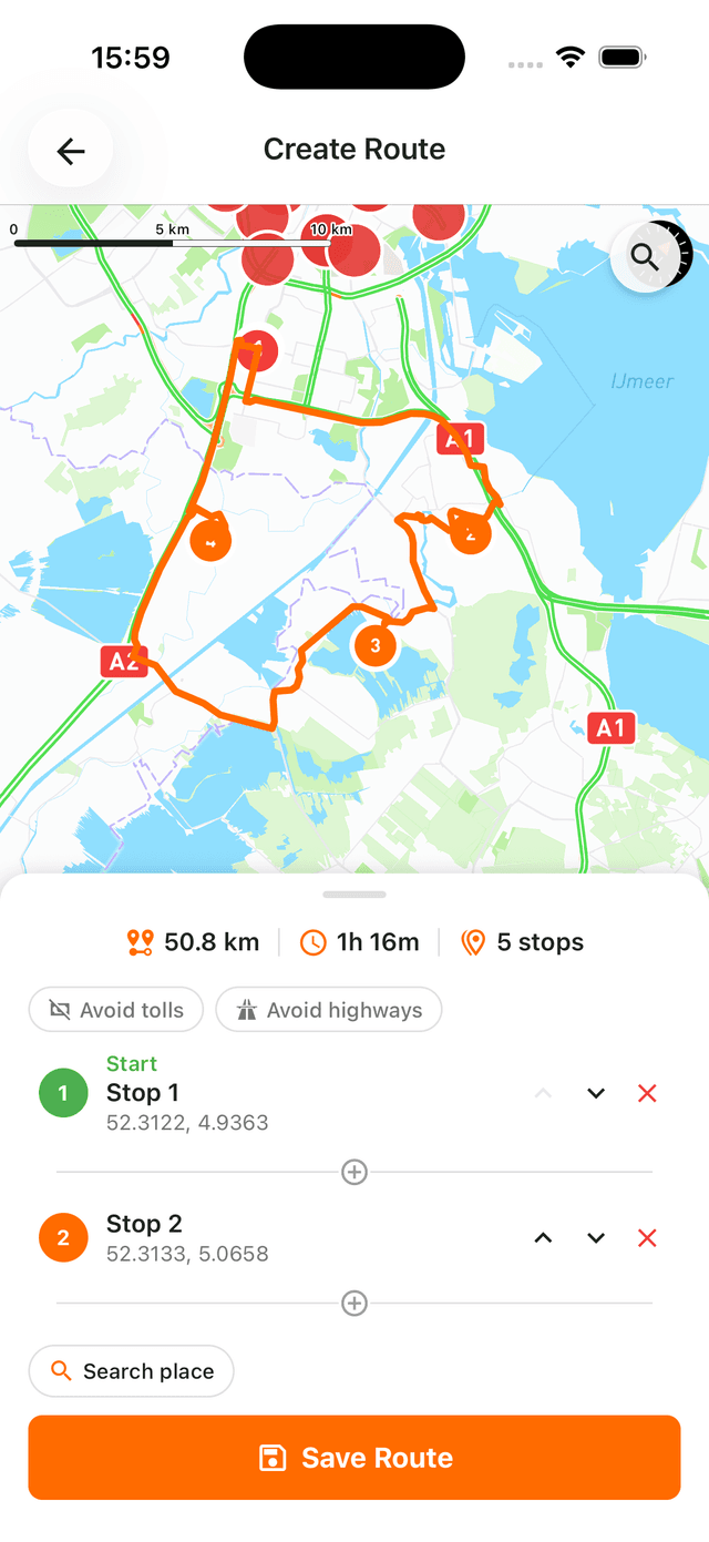Cornr route creation with stops