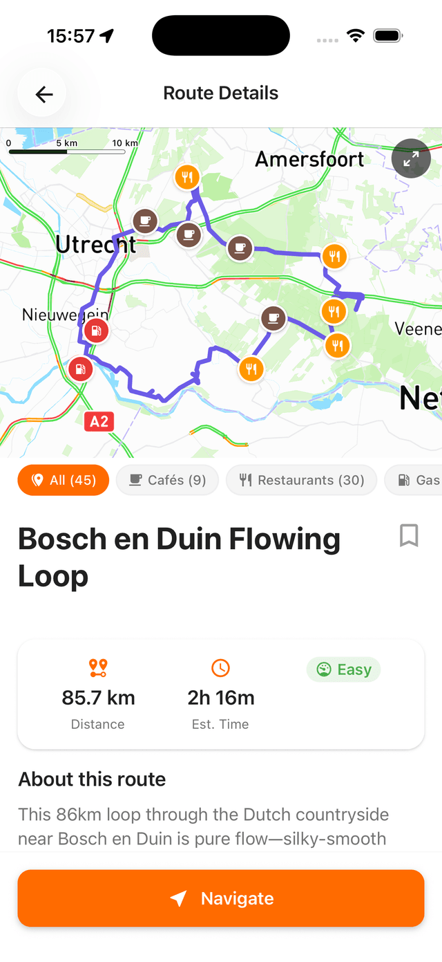 Cornr route details with POIs and navigation